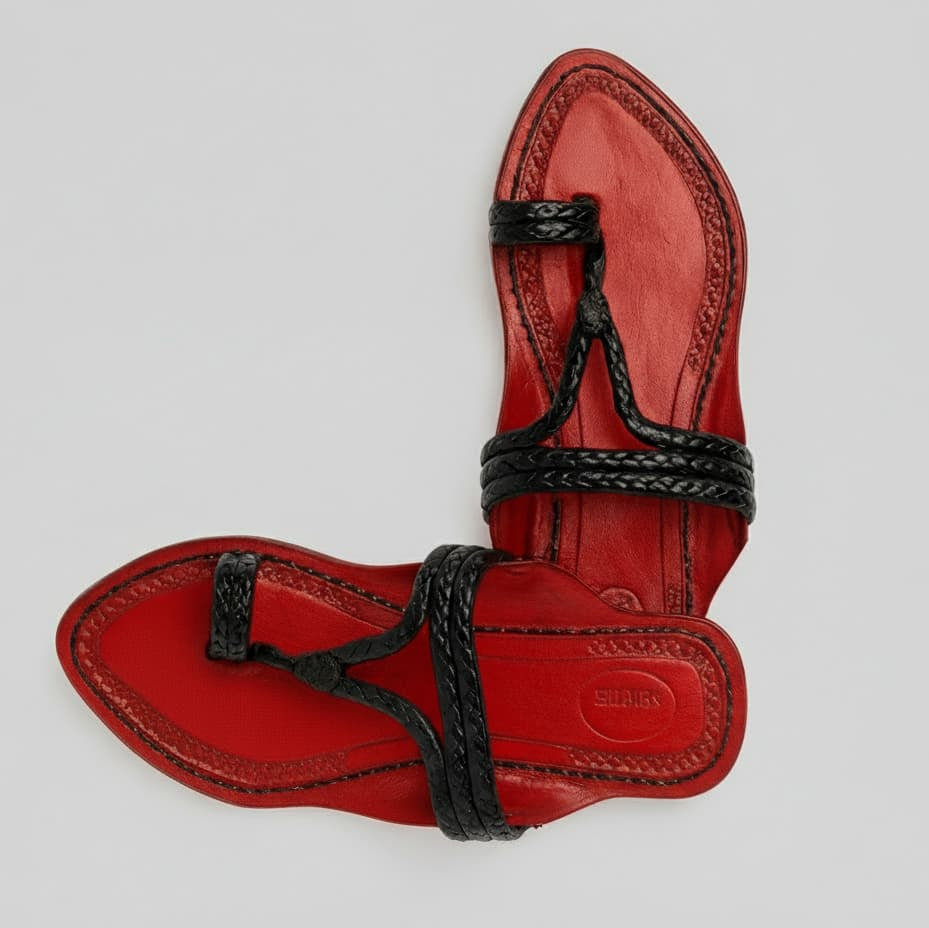 Karagiri Scarlet Braided Flats| Kharigari | Women | Leather Kolhapuri Chappal