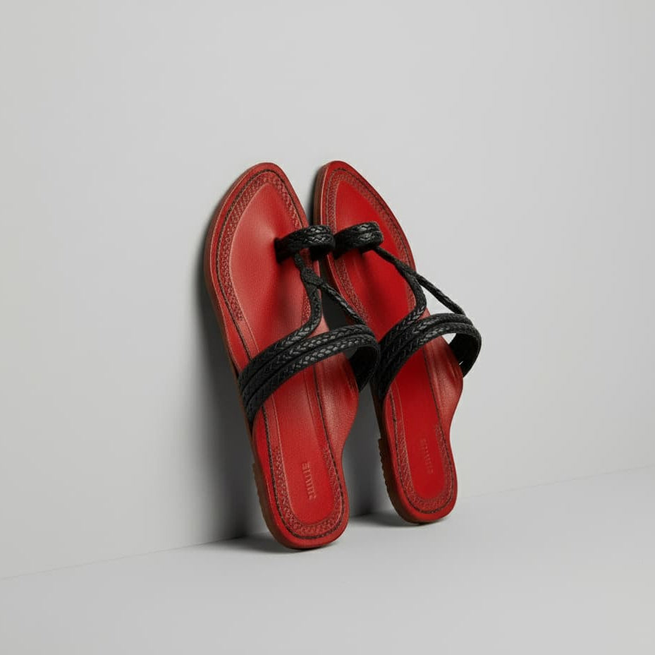 Karagiri Scarlet Braided Flats| Kharigari | Women | Leather Kolhapuri Chappal