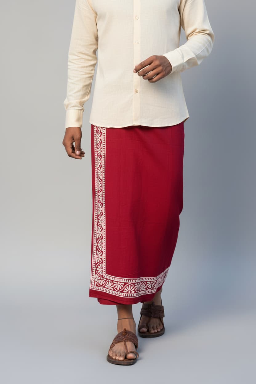 Kora Khaadi Dhoti Wrap in maroon with Ayan block motif for men, handwoven cotton by NIIRA