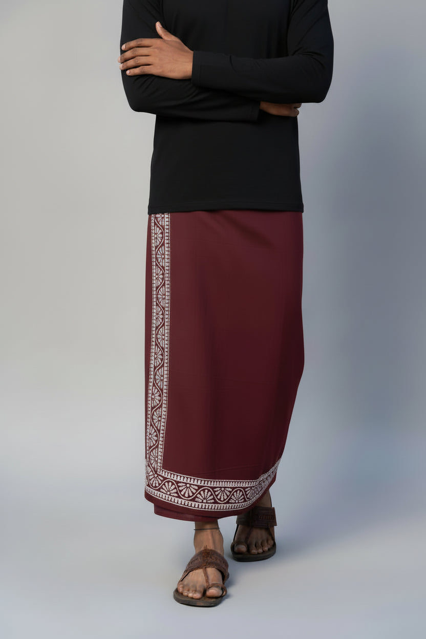 Kora Khaadi Dhoti | Block Motif | Ayan| Lungi | Veshti | Pancha Wrap - Maroon