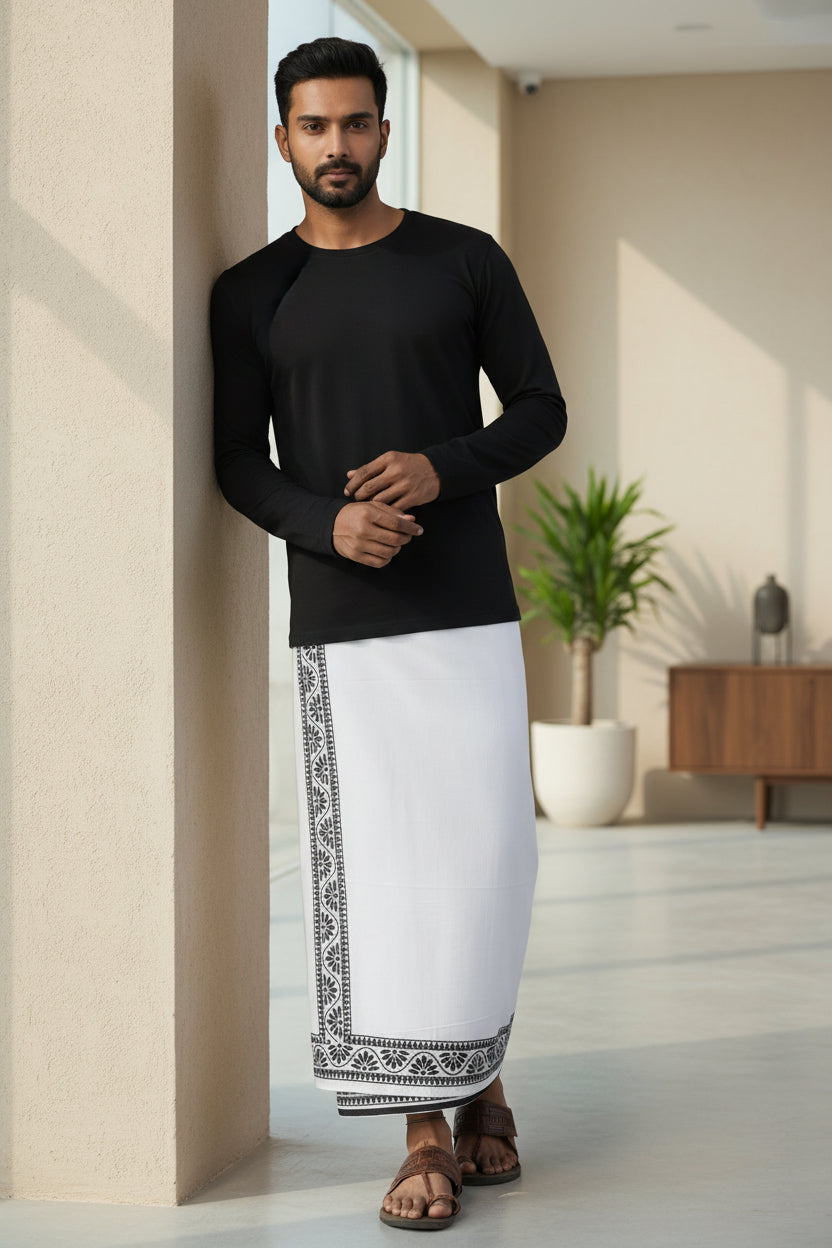 Kora Khaadi Dhoti | Block Motif | Ayan| Lungi | Veshti | Pancha Wrap - Maroon