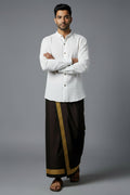 Kora Khaadi Dhoti wrap in black and yellow for men, handwoven cotton with hand-block print by NIIRA
