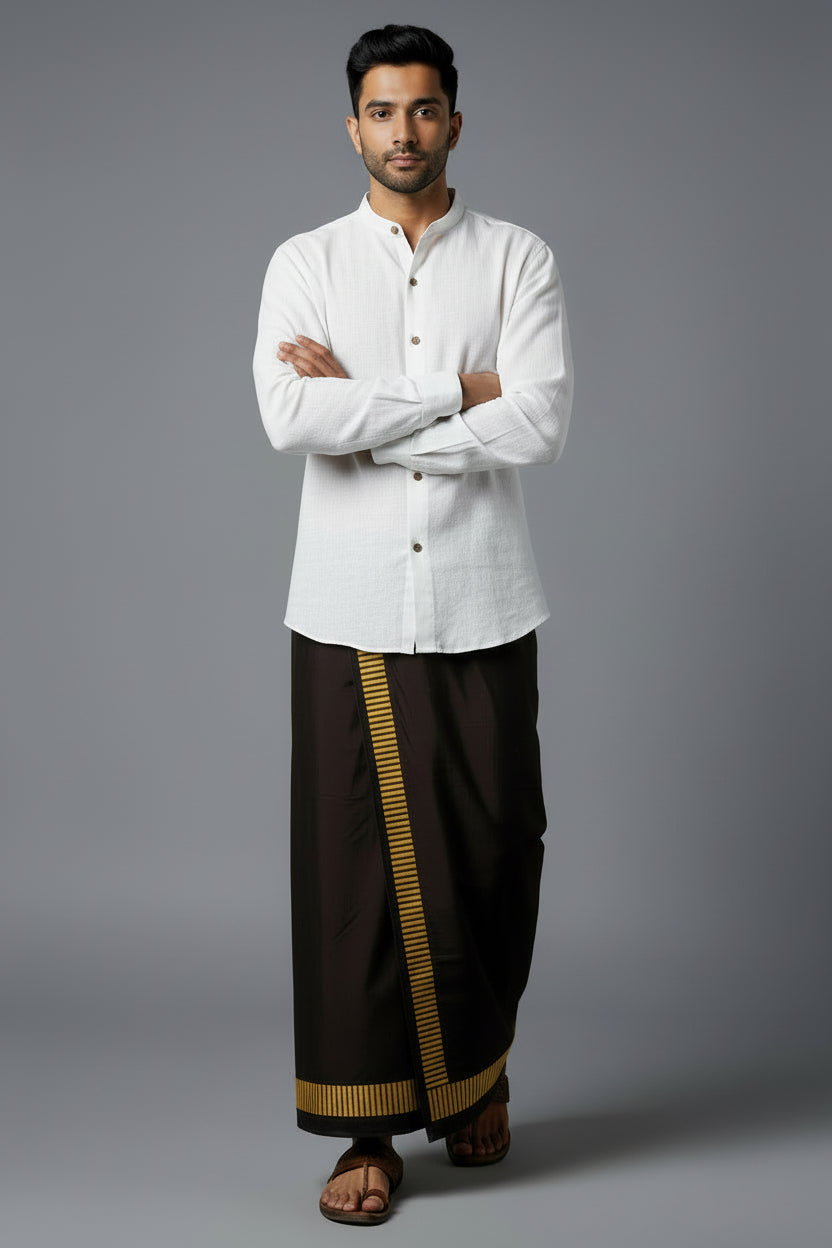 Kora Khaadi Dhoti wrap in black and yellow for men, handwoven cotton with hand-block print by NIIRA