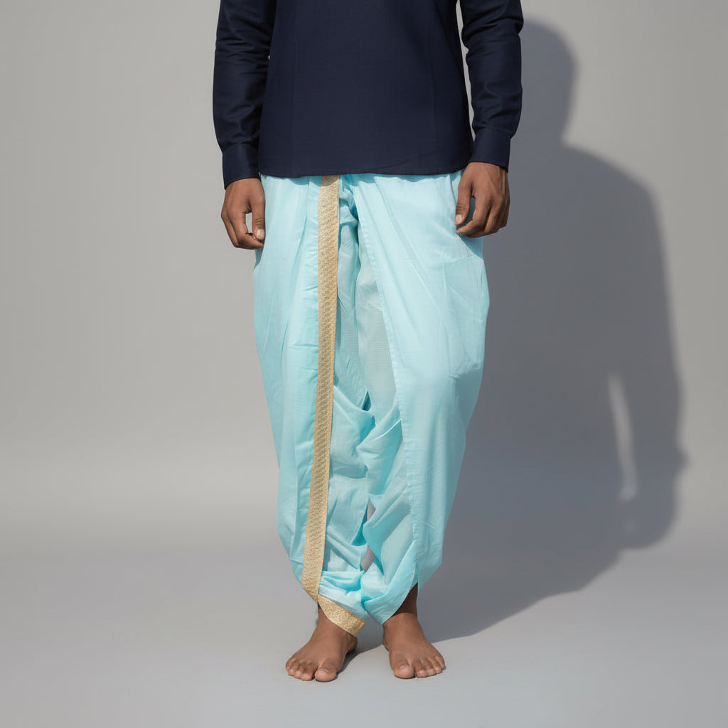 Dhoti Drapers with border for men in blue by NIIRA, khadi cotton dhoti pants