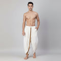 Dhoti Drapers with border for men in white by NIIRA, khadi cotton dhoti pants