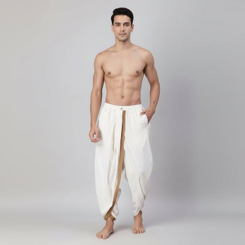 Dhoti Drapers with border for men in white by NIIRA, khadi cotton dhoti pants
