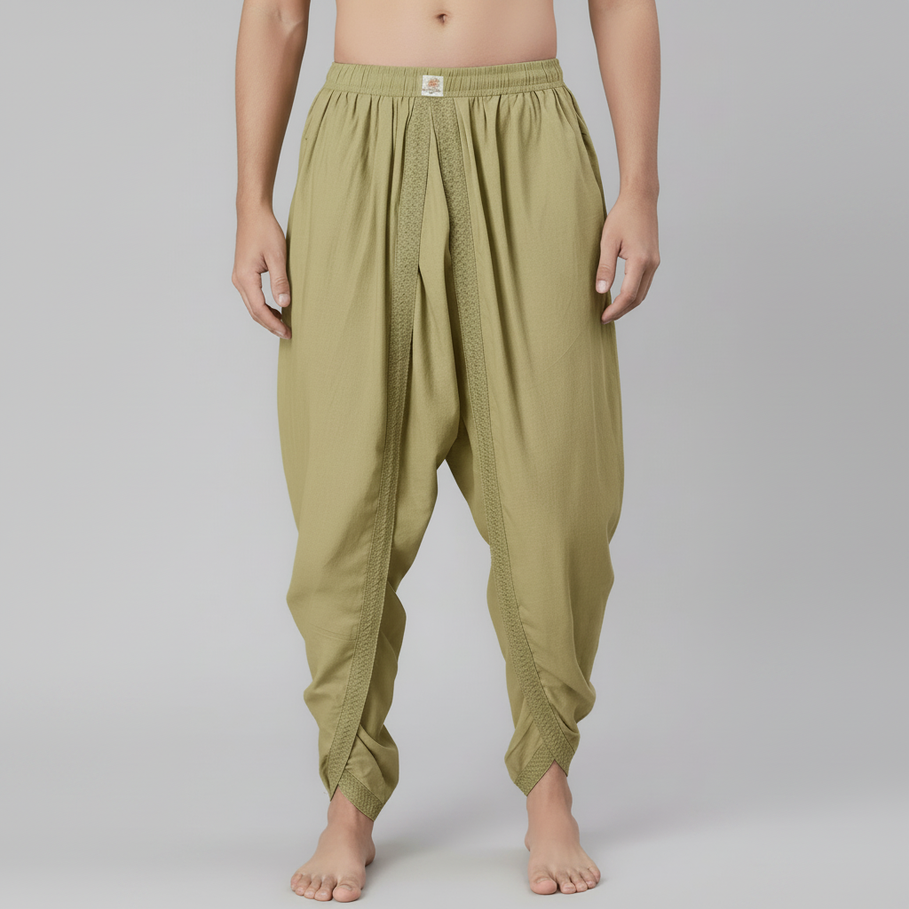 Olive green baggy pants worn by a person on a plain background