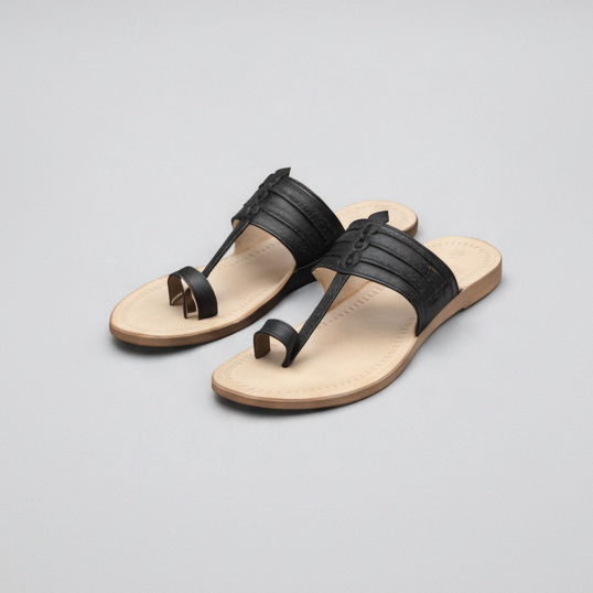 Pair of black sandals with wooden soles on a light gray background