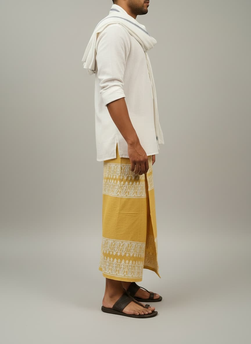 Kora Khaadi Dhoti Kesariya - Lungi | Veshti | Pancha Wrap - Yellow