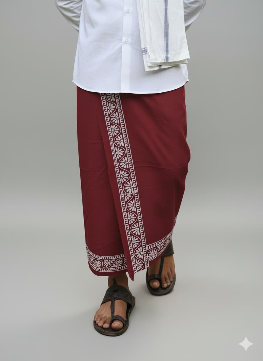 Kora Khaadi Dhoti | Block Motif | Ayan| Lungi | Veshti | Pancha Wrap - Maroon