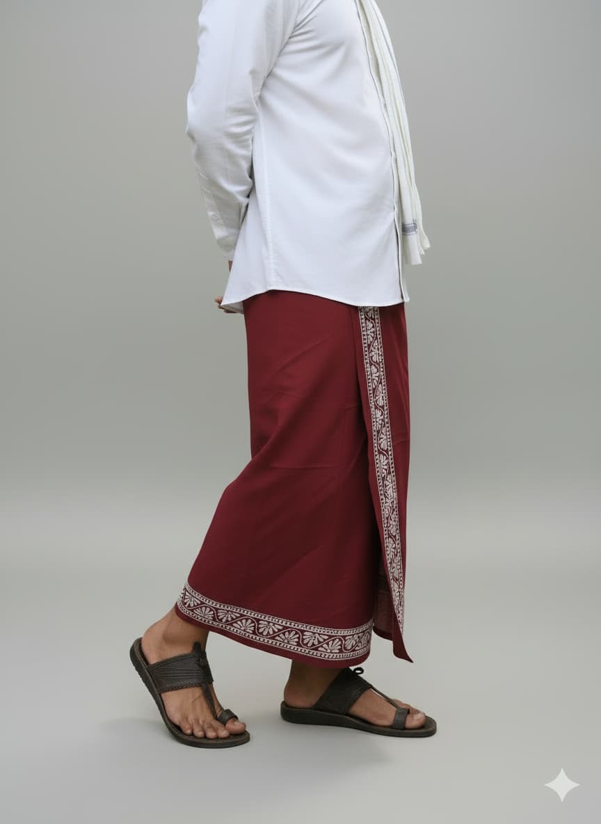 Kora Khaadi Dhoti | Block Motif | Ayan| Lungi | Veshti | Pancha Wrap - Maroon